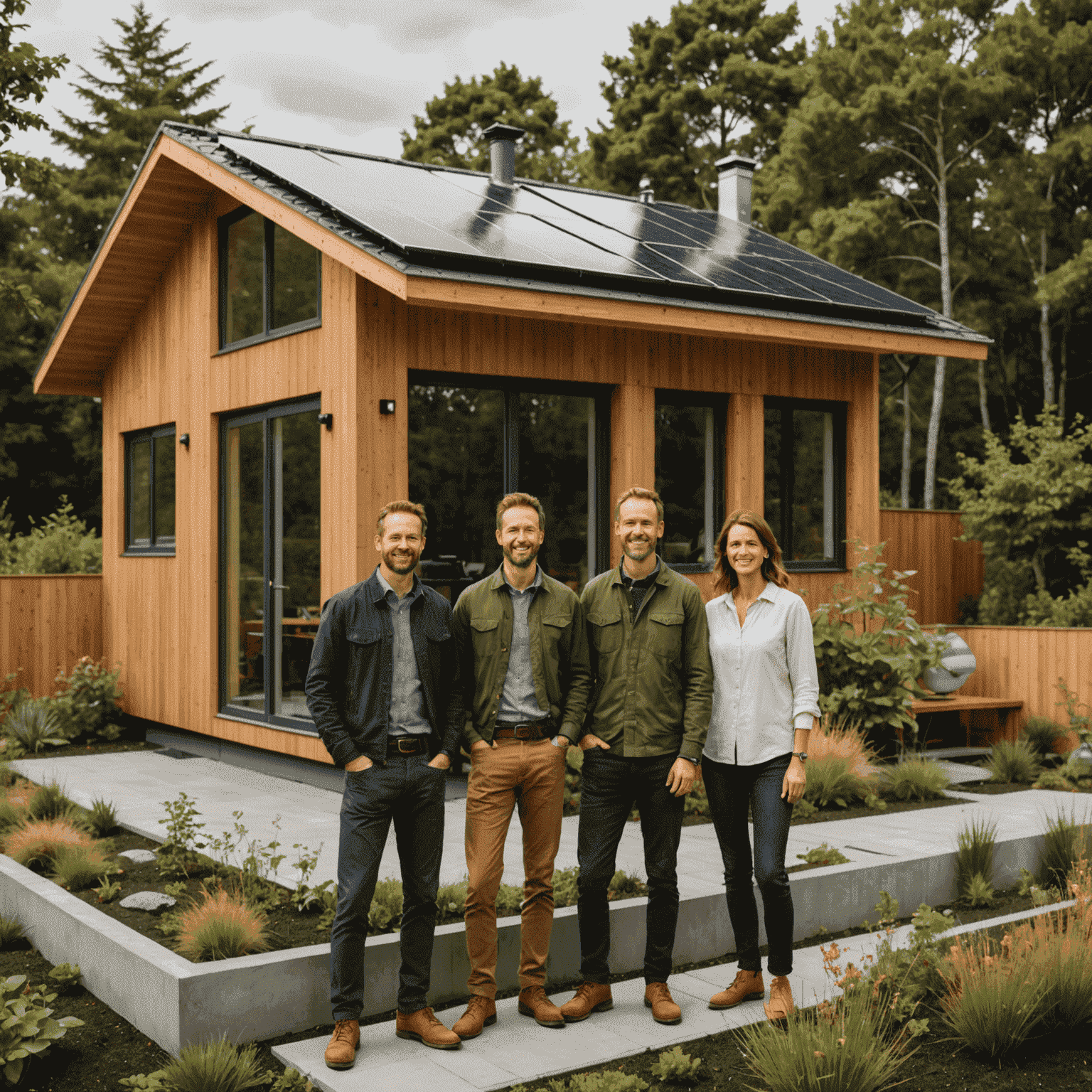 The EcoSpace team standing in front of a modern, eco-friendly house with solar panels and a green roof. The team members are diverse and dressed in casual, earth-toned clothing. The house features large windows, natural wood elements, and is surrounded by lush, native plants.