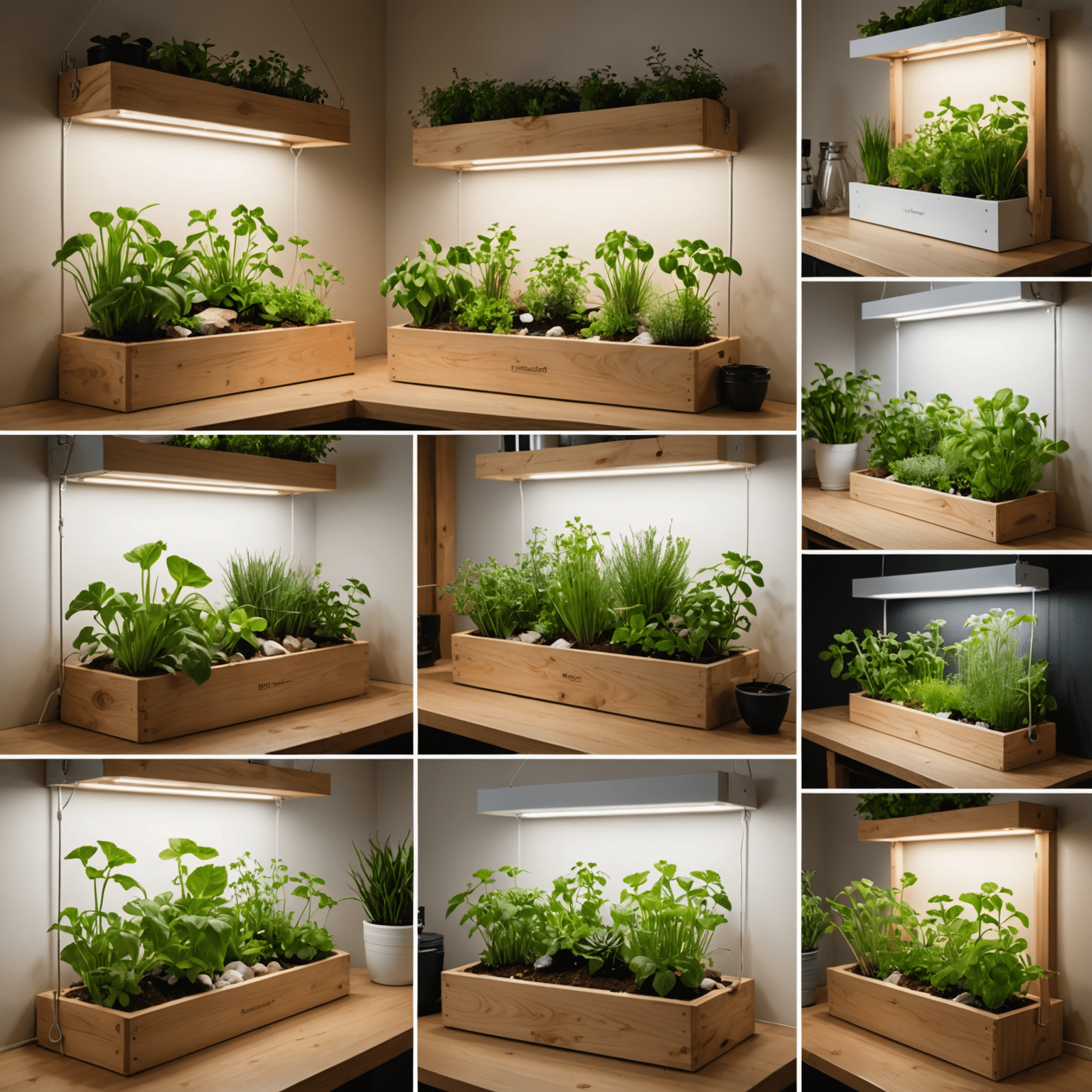 A collage of eco-friendly home improvement projects including installing LED lights, adding insulation, and setting up a small indoor herb garden