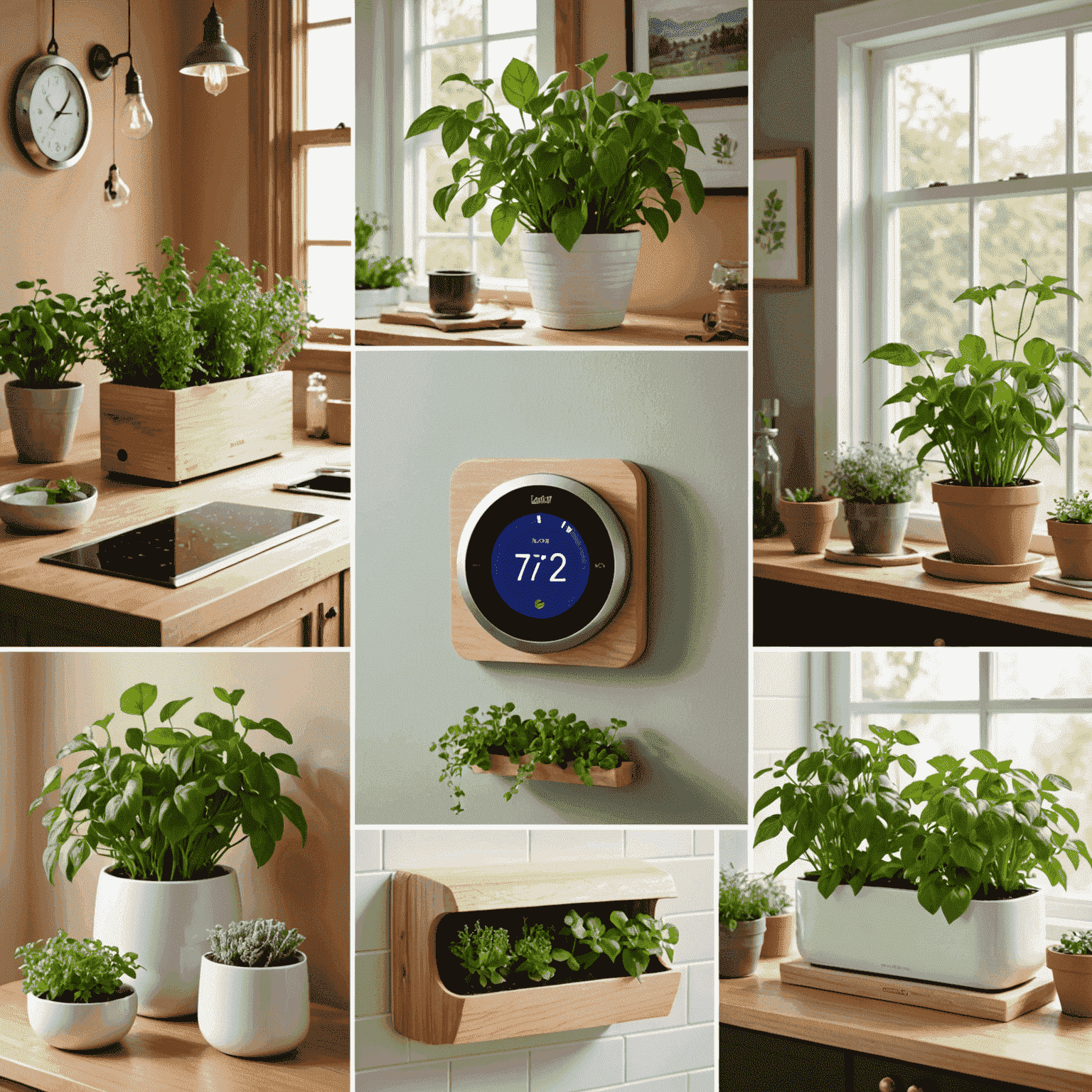 A collage of DIY eco-friendly home improvement projects, including installing a smart thermostat, adding weatherstripping to windows, and creating a small indoor herb garden.