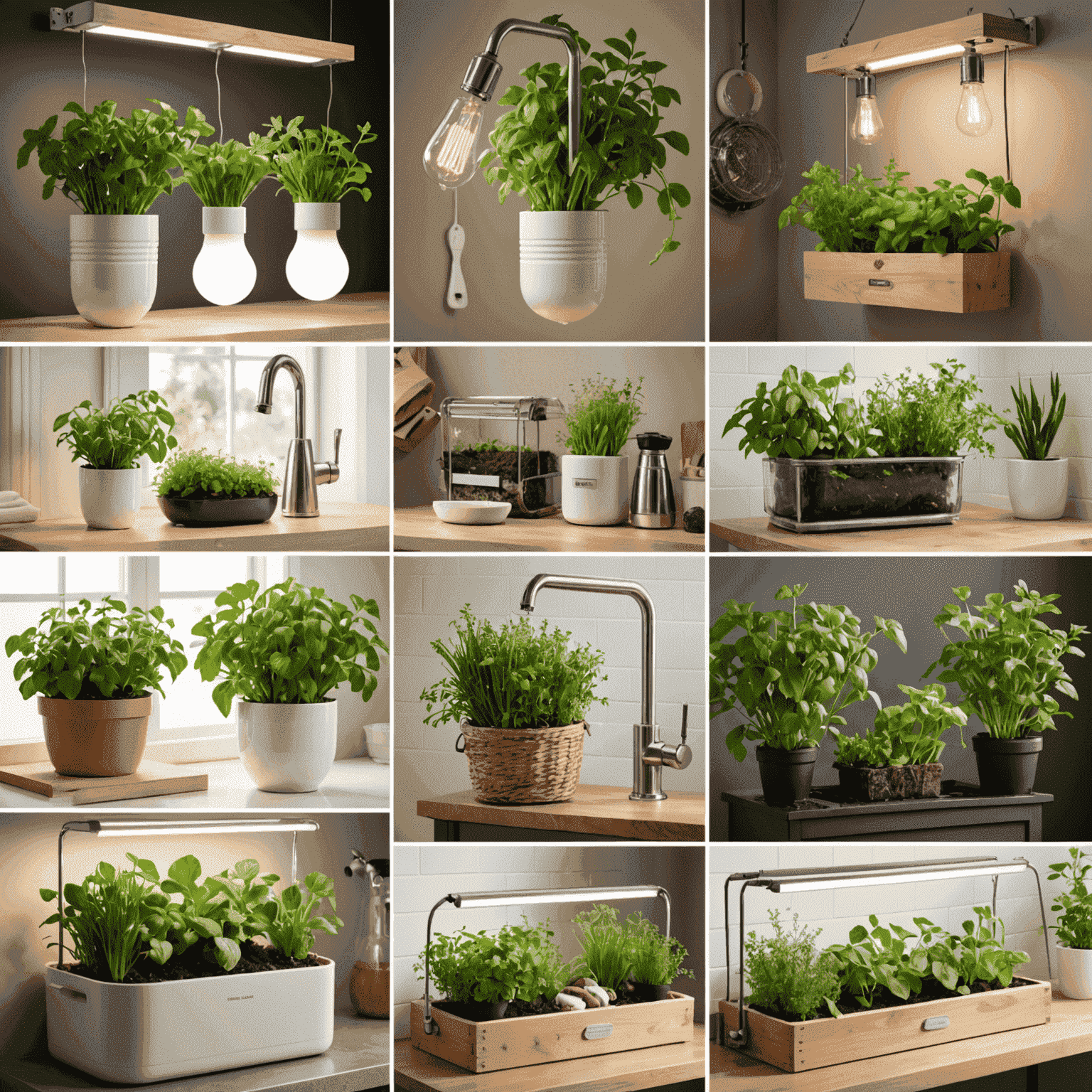 Collage of eco-friendly home improvement projects including LED bulbs, low-flow showerhead, composting bin, draft snake, and indoor herb garden