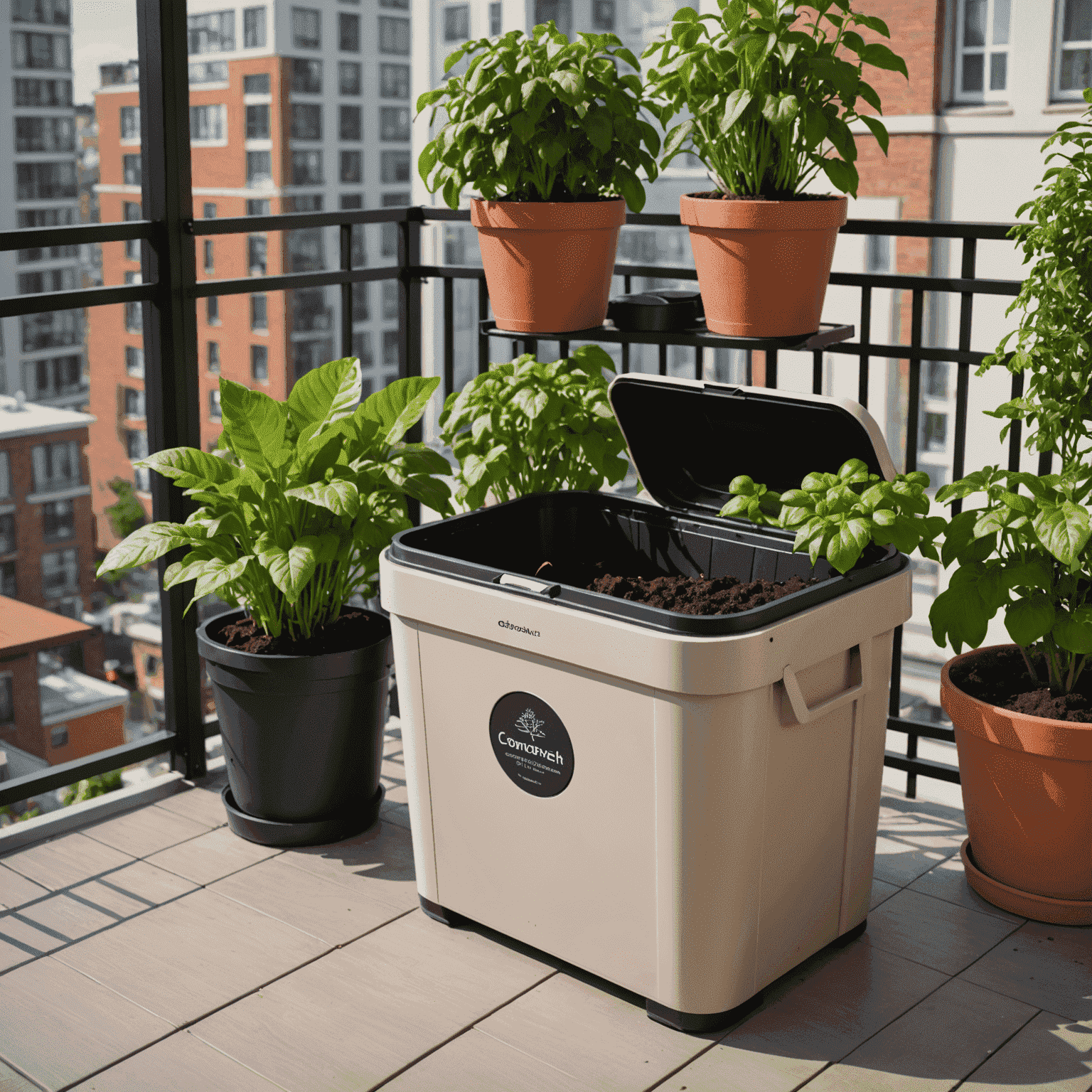 A small indoor composting bin next to potted plants on a balcony, demonstrating compact composting solutions for apartments