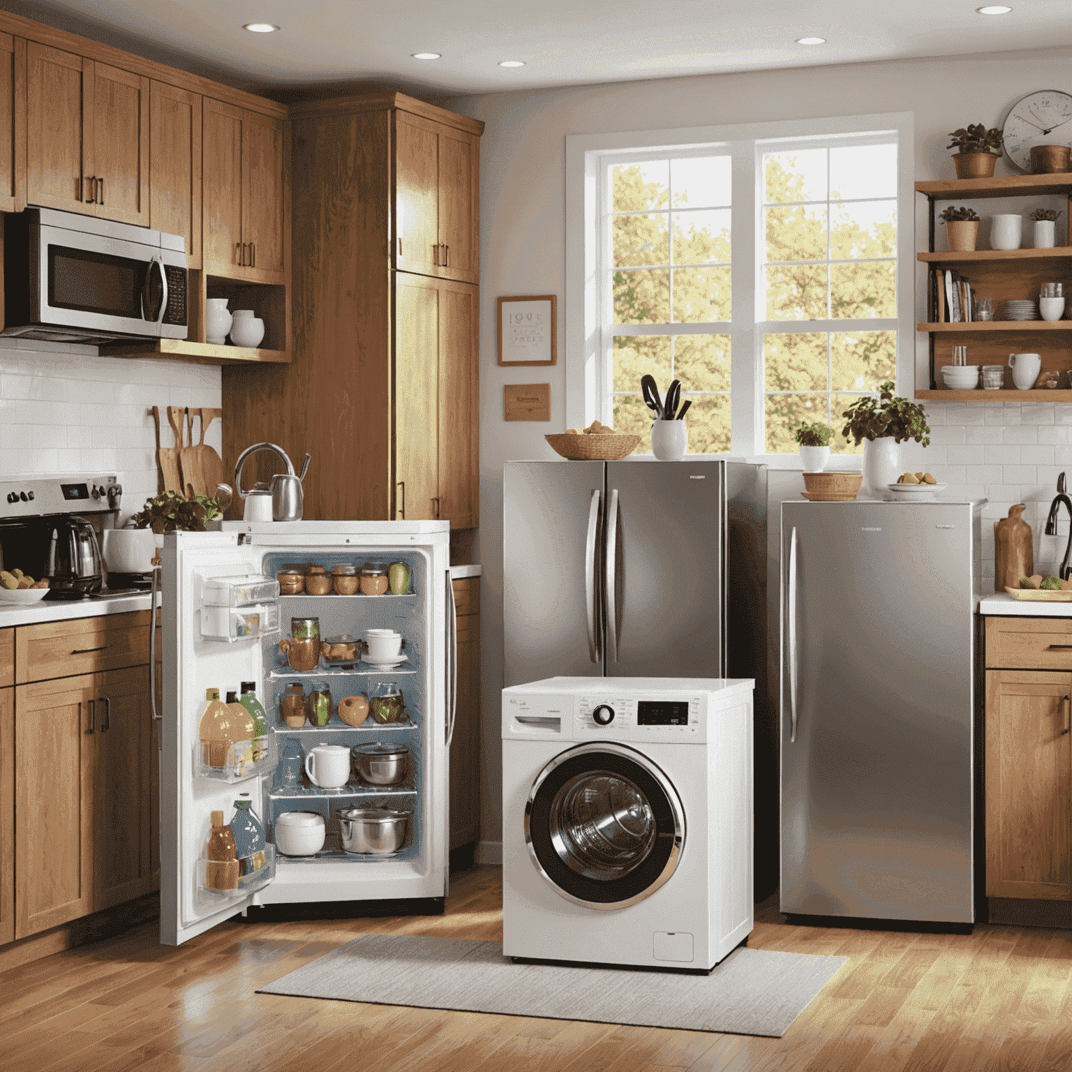 A collection of modern, energy-efficient home appliances including a refrigerator, washing machine, and dishwasher, all with energy star labels prominently displayed