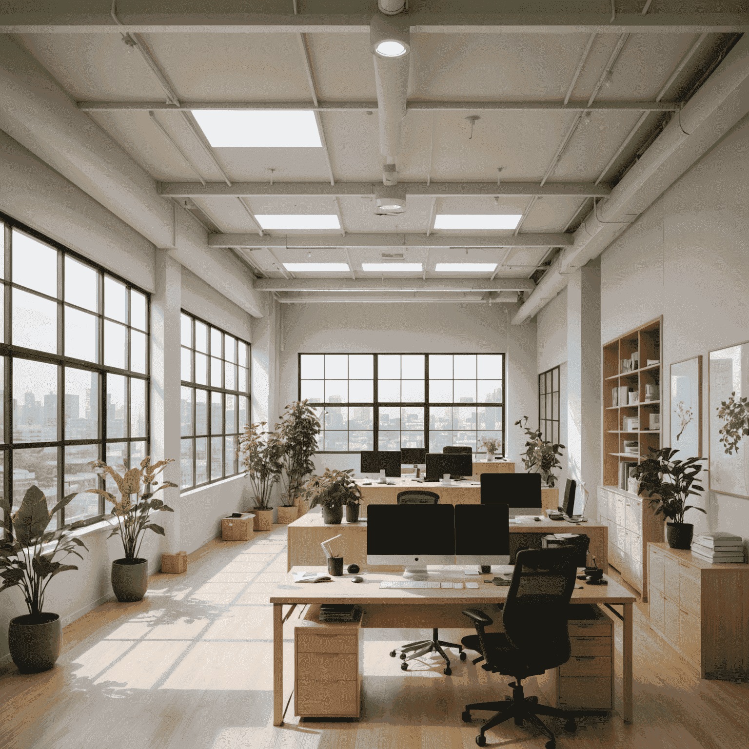 A modern, minimalist Japanese office space with large windows, plenty of natural light, and various eco-friendly elements such as plants, recycling stations, and energy-efficient lighting