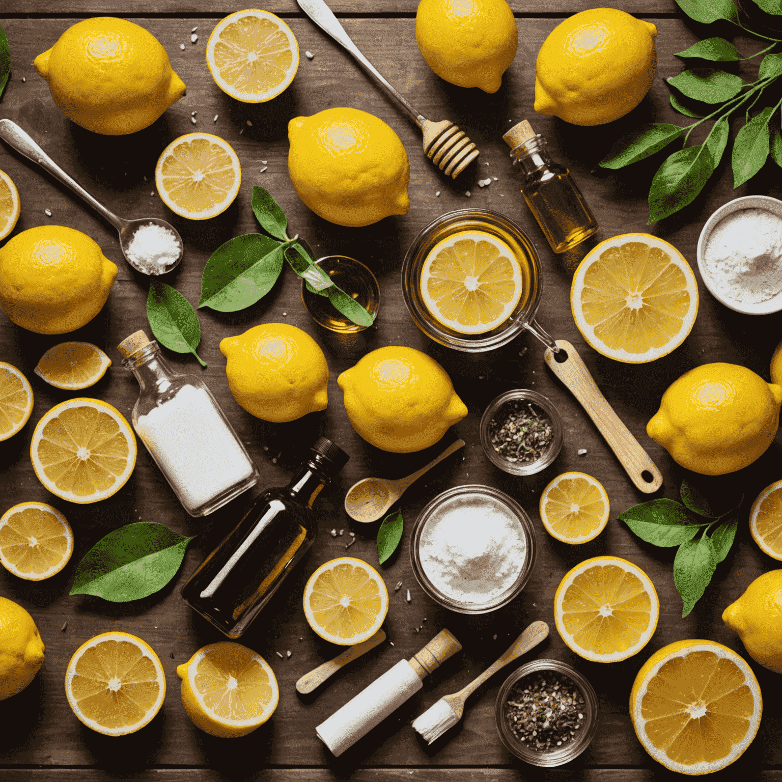 A collection of natural cleaning ingredients such as lemons, vinegar, baking soda, and essential oils arranged on a wooden surface with eco-friendly cleaning tools