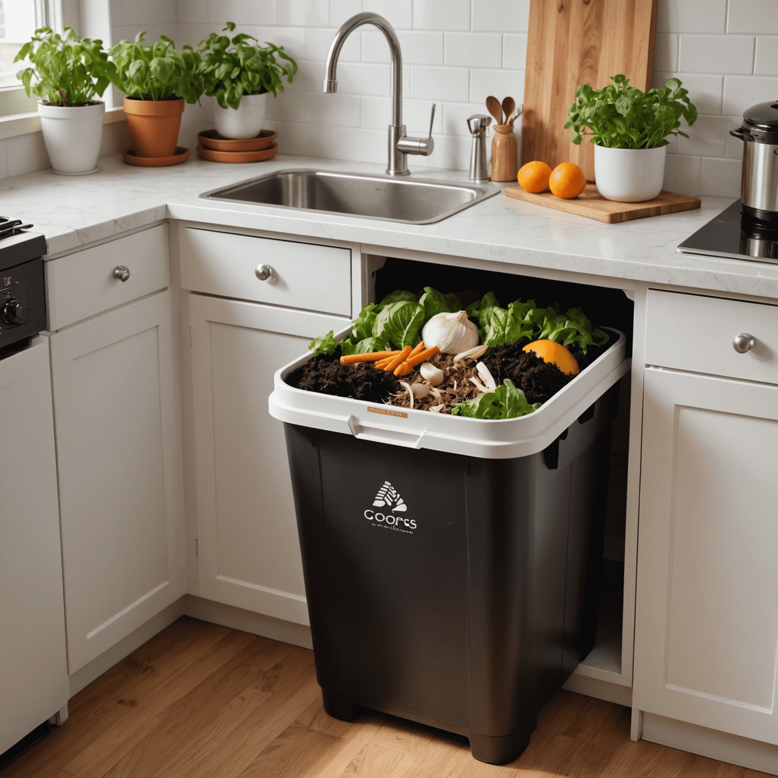 A compact indoor composting bin with layers of soil and food scraps visible, placed in a small apartment kitchen