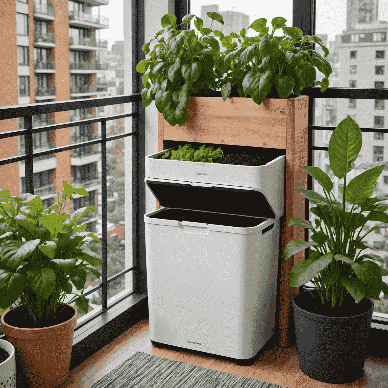 A compact, stylish indoor composting bin next to a small balcony garden, demonstrating composting solutions for apartment living.