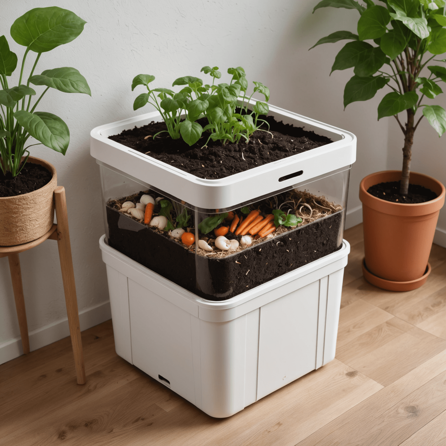 A compact vermicomposting bin with visible layers of soil and food scraps, suitable for apartment use