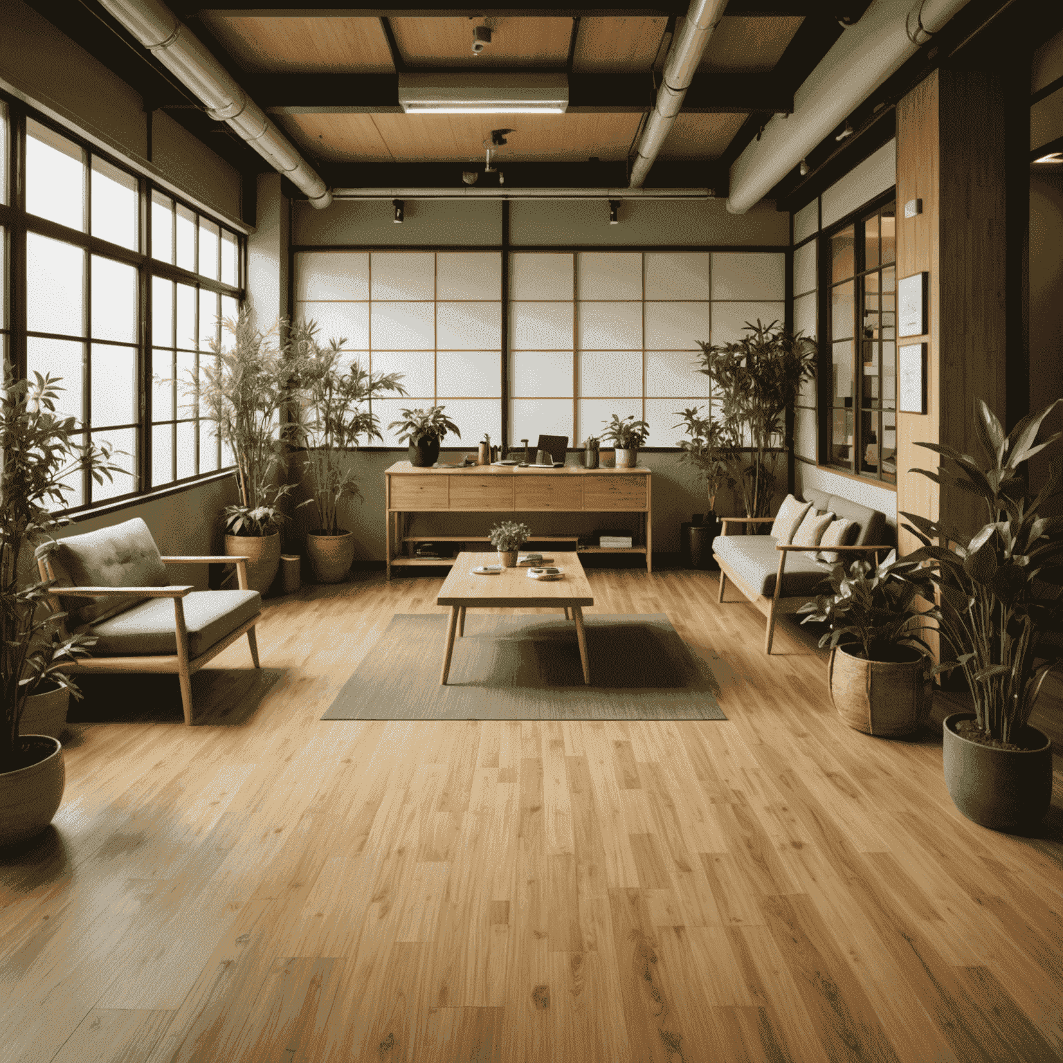 A section of the Japanese office showcasing bamboo flooring, furniture made from recycled materials, and an abundance of indoor plants