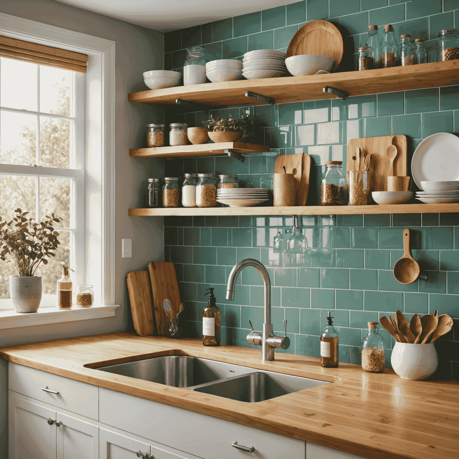 A bright, airy kitchen with eco-friendly materials like bamboo countertops and recycled glass backsplash, featuring natural cleaning products displayed on open shelving