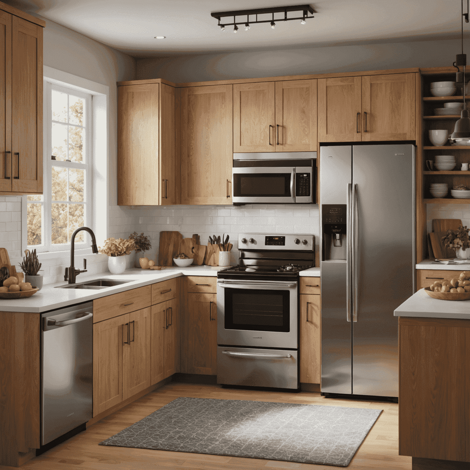 A modern kitchen featuring energy-efficient appliances including a refrigerator, dishwasher, and oven, all with visible energy star ratings