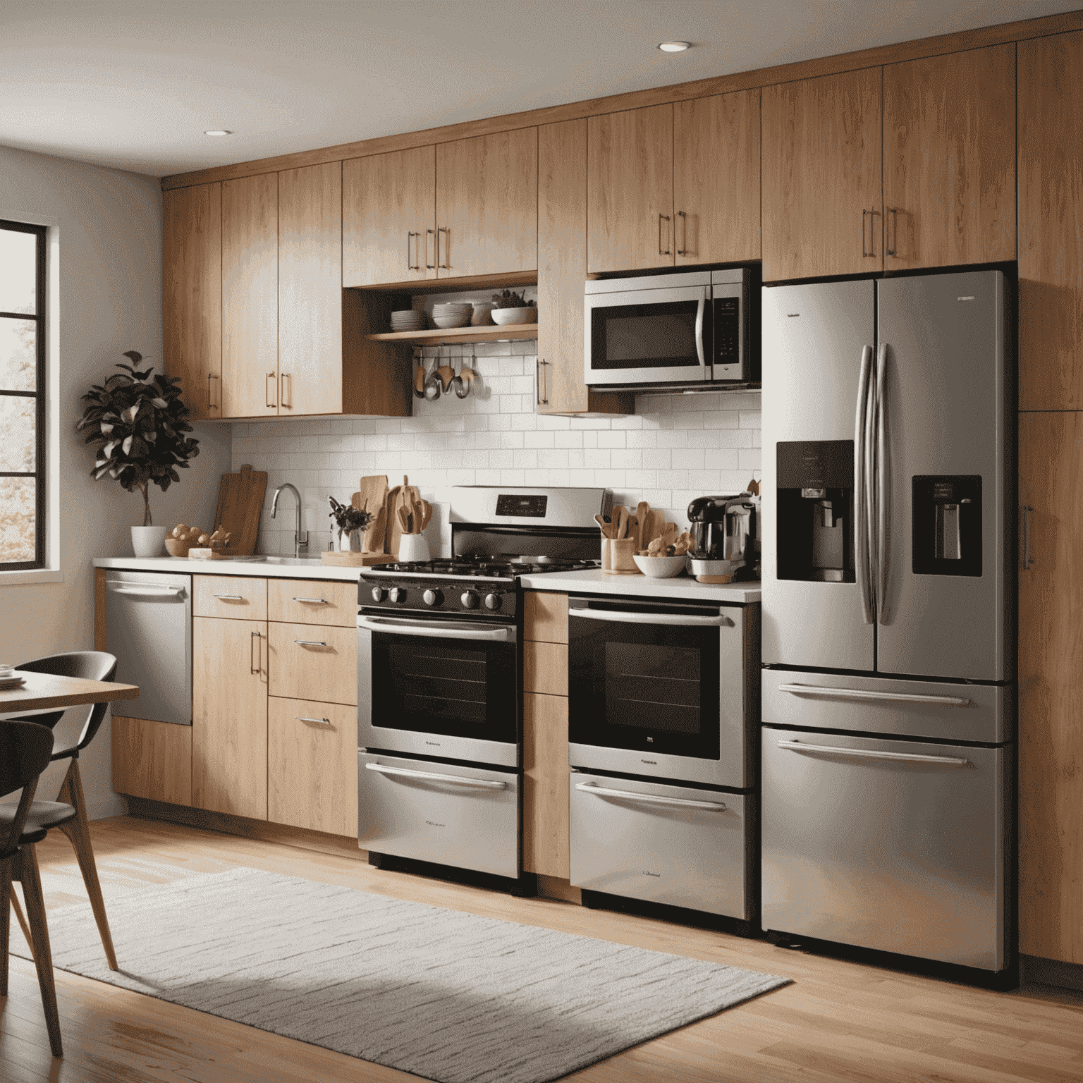 A modern kitchen featuring energy-efficient appliances, including a refrigerator, dishwasher, and oven, all with prominent energy star ratings.