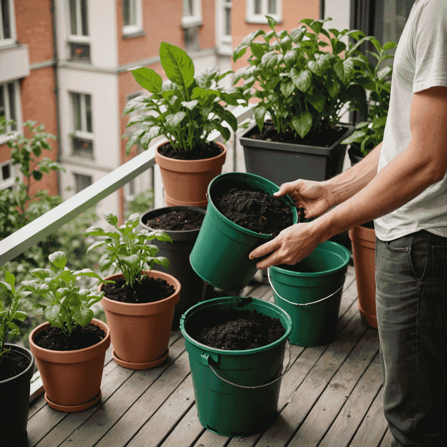 A person adding homemade compost to potted plants in a small apartment balcony, showcasing the use of compost in a green interior setting