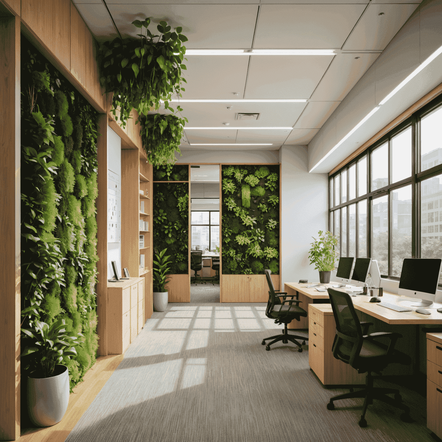 An interior view of a modern Japanese office space with visible eco-friendly features such as living walls, natural lighting, and recycling stations.