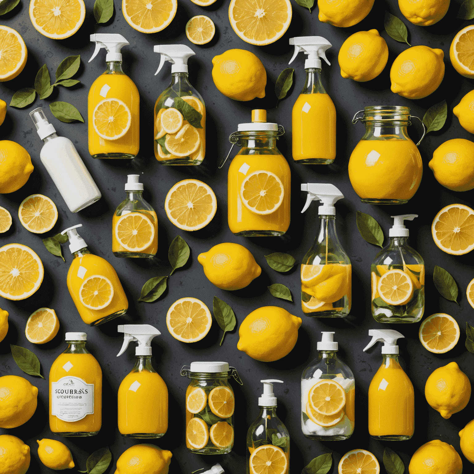 A collection of homemade cleaning products in glass jars and spray bottles, surrounded by natural ingredients like lemons, vinegar, and baking soda.